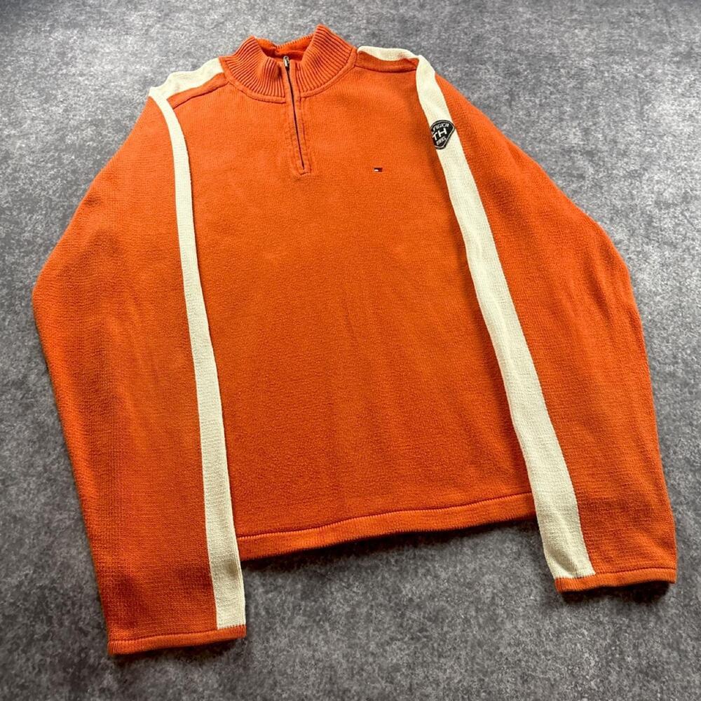 Vintage Y2K Tommy Hilfiger Orange Cream Racing Stripe Quarter Zip Sweater